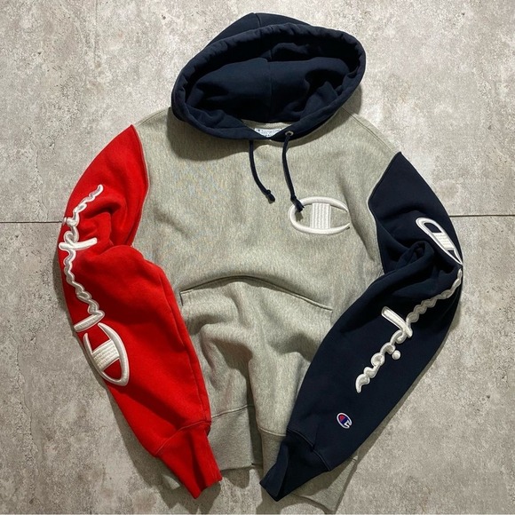 Champion Reverse Weave Colorblock Hoodie Mens‎ Small Grey Red Navy Script Logo - Picture 2 of 10